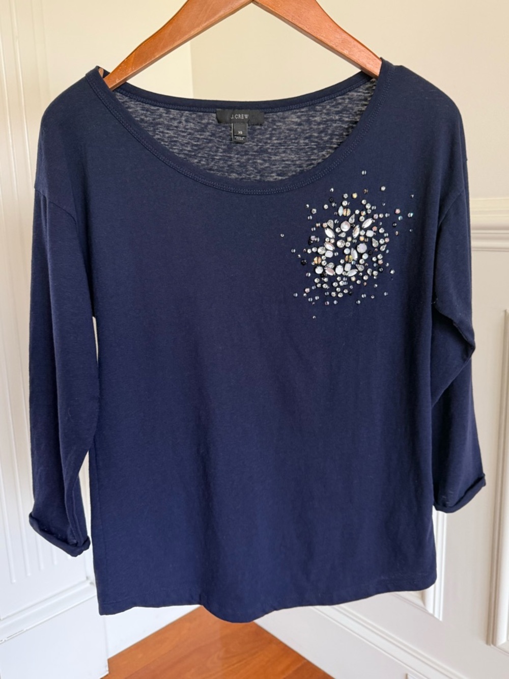J. Crew Women’s Beaded Top Navy Embellished Scoop Neck 3/4 Sleeve Shirt Size XS